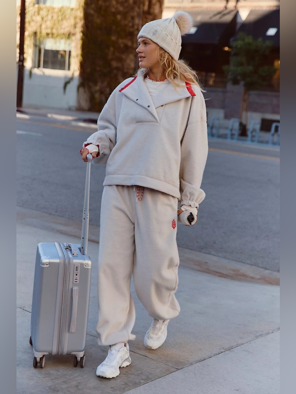 Free People Cream Cozy Fleece Pantsuit with Red Accents